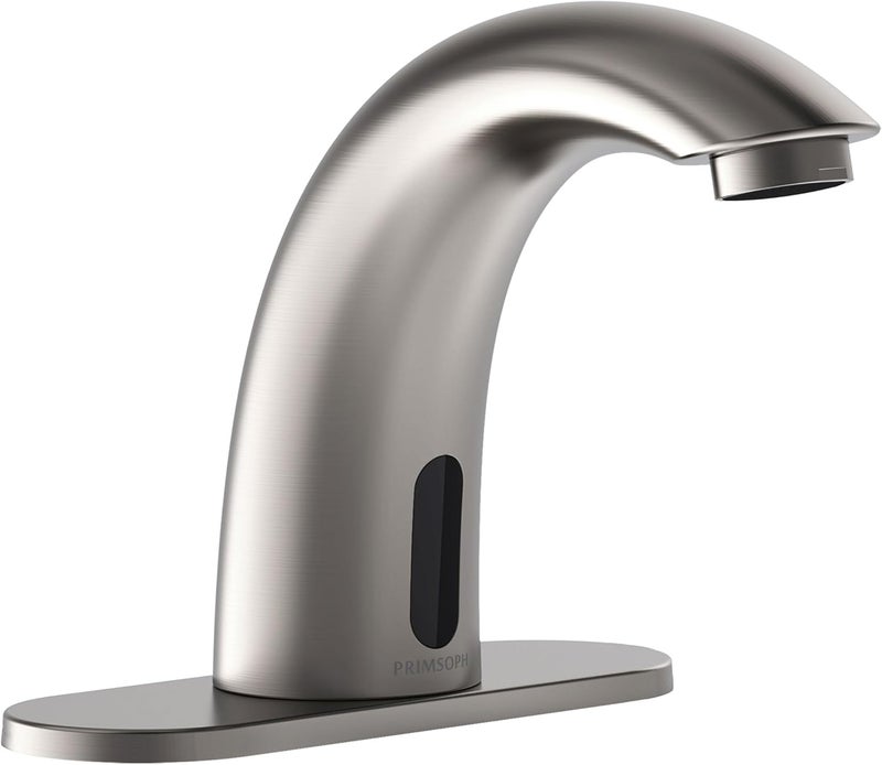 PRIMSOPH Automatic Motion Sensor Hands Free Electronic Infrared Smart Commercial Touchless Bathroom Sink Faucet with Cover Plate Temperature Mixer Battery or Plug-in Powered Brushed Nickel - Image 1